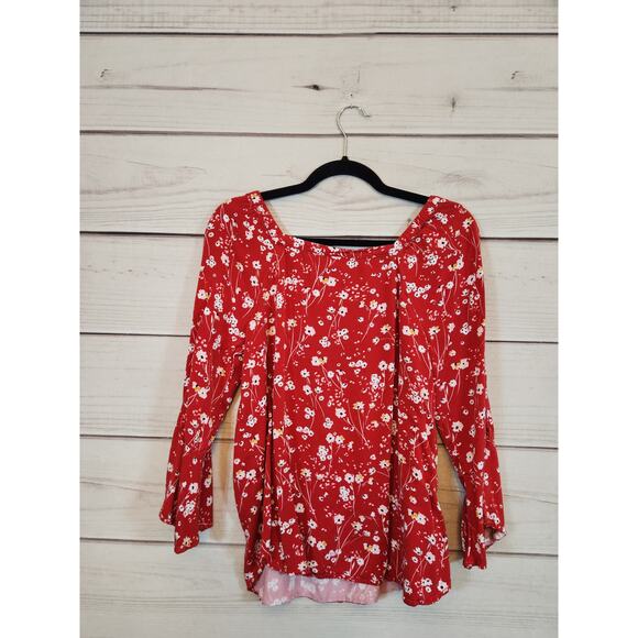 Liz Claiborne Women's Red White Floral Bell Sleeve Square Neck Blouse Size Small - Picture 2 of 5